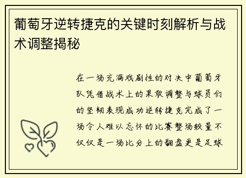 葡萄牙逆转捷克的关键时刻解析与战术调整揭秘